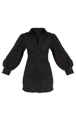 Black Woven Ruched Puff Sleeve Shirt Dress