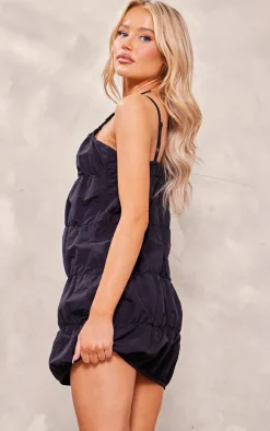 Black Woven Ruched Strappy Bodycon Dress