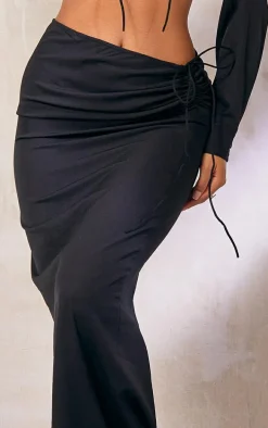 Black Woven Ruched Tie Front Maxi Skirt