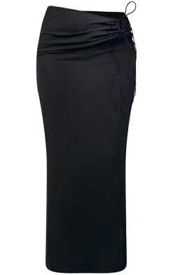 Black Woven Ruched Tie Front Maxi Skirt