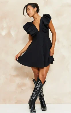 Black Woven Ruffle Sleeve Plunge Pleated Belt Shift Dress