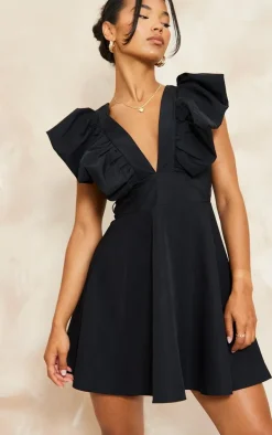 Black Woven Ruffle Sleeve Plunge Pleated Belt Shift Dress