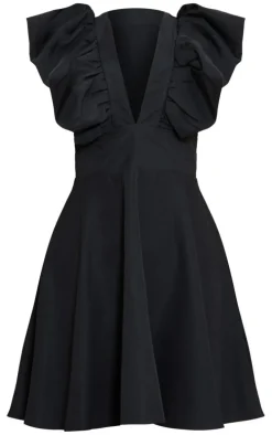 Black Woven Ruffle Sleeve Plunge Pleated Belt Shift Dress