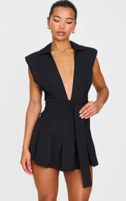 Black Woven Shoulder Pad Sleeveless Skort Romper