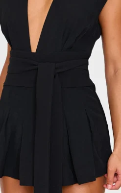 Black Woven Shoulder Pad Sleeveless Skort Romper