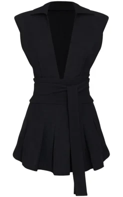 Black Woven Shoulder Pad Sleeveless Skort Romper