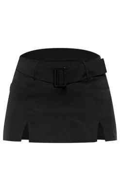 Black Woven Split Hem Belt Micro Mini Skirt