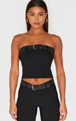 Black Woven Stretch Belted Bandeau Top
