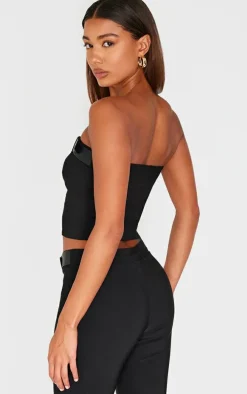 Black Woven Stretch Belted Bandeau Top