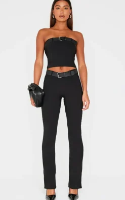 Black Woven Stretch Belted Bandeau Top