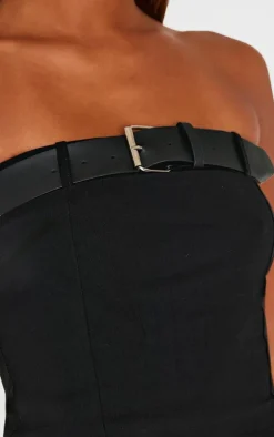 Black Woven Stretch Belted Bandeau Top