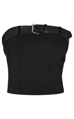 Black Woven Stretch Belted Bandeau Top