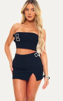 Black Woven Stretch Tailored Bandeau Buckle Top