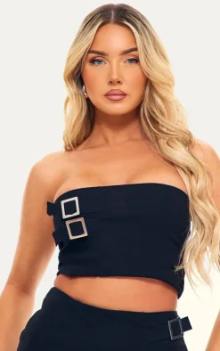 Black Woven Stretch Tailored Bandeau Buckle Top