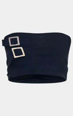 Black Woven Stretch Tailored Bandeau Buckle Top