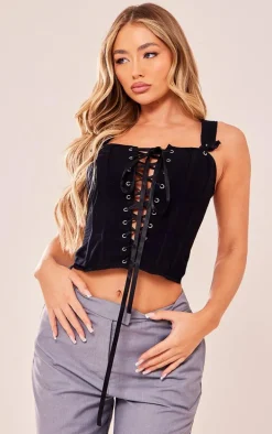 Black Woven Structured Lace Up Corset Crop Top