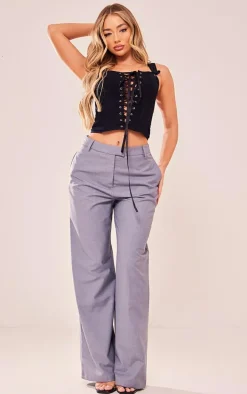 Black Woven Structured Lace Up Corset Crop Top