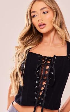 Black Woven Structured Lace Up Corset Crop Top