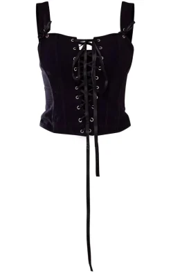 Black Woven Structured Lace Up Corset Crop Top