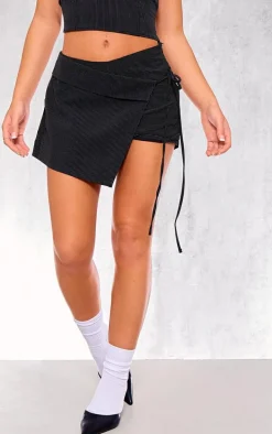 Black Woven Tailored Asymmetric Pinstripe Micro Mini Skort