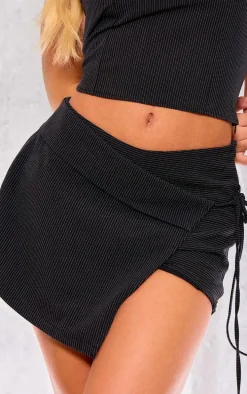 Black Woven Tailored Asymmetric Pinstripe Micro Mini Skort