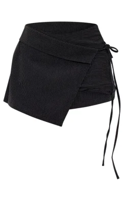Black Woven Tailored Asymmetric Pinstripe Micro Mini Skort