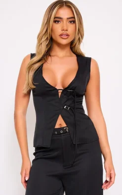 Black Woven Tailored Belt Detail Vest