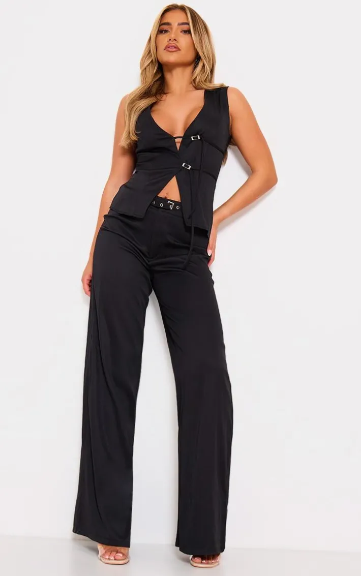 Black Woven Tailored Belt Detail Vest