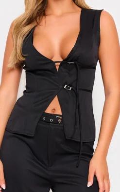 Black Woven Tailored Belt Detail Vest