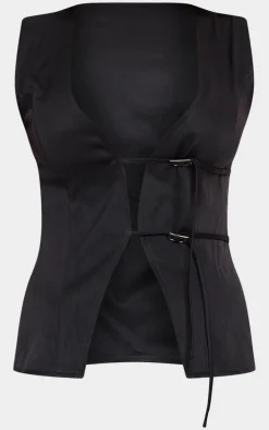 Black Woven Tailored Belt Detail Vest