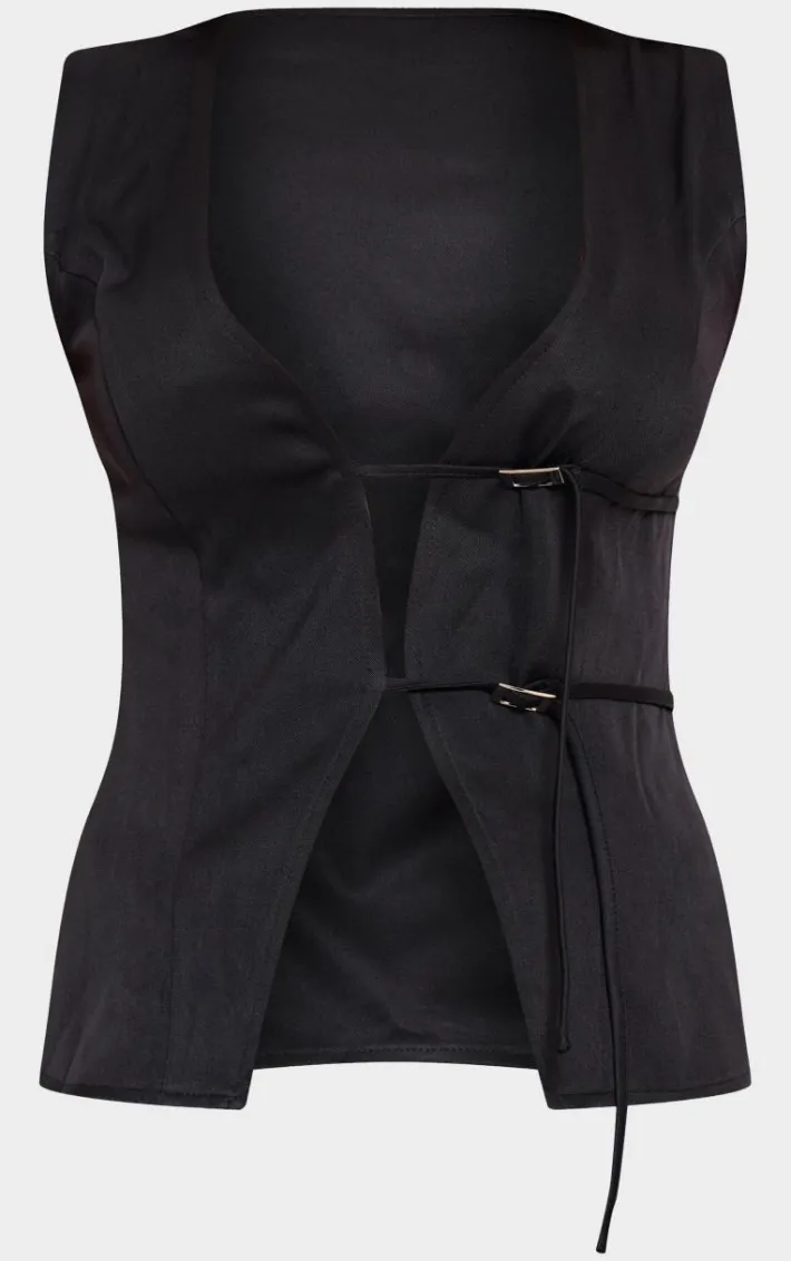Black Woven Tailored Belt Detail Vest