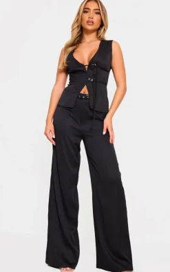 Black Woven Tailored Belt Detail Wide Leg Pants
