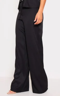 Black Woven Tailored Belt Detail Wide Leg Pants