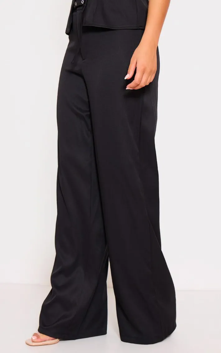 Black Woven Tailored Belt Detail Wide Leg Pants