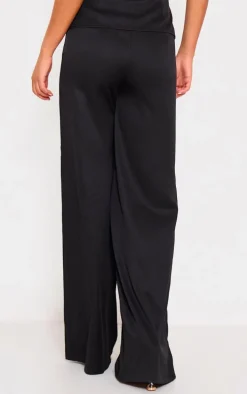 Black Woven Tailored Belt Detail Wide Leg Pants