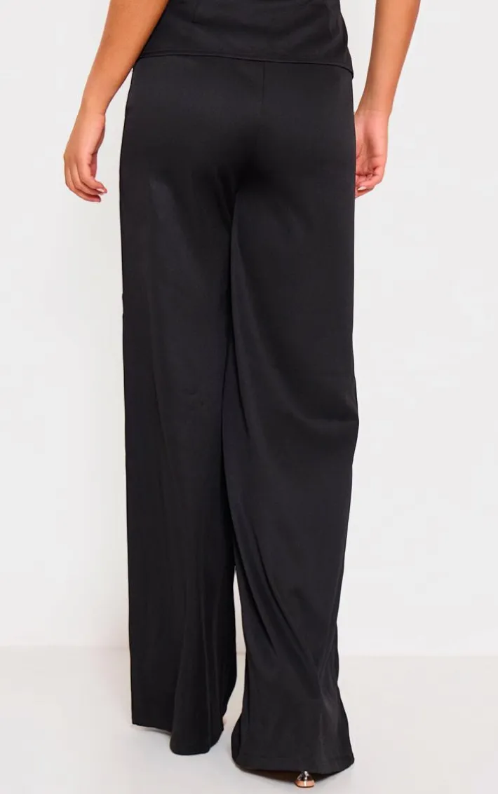 Black Woven Tailored Belt Detail Wide Leg Pants