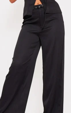 Black Woven Tailored Belt Detail Wide Leg Pants