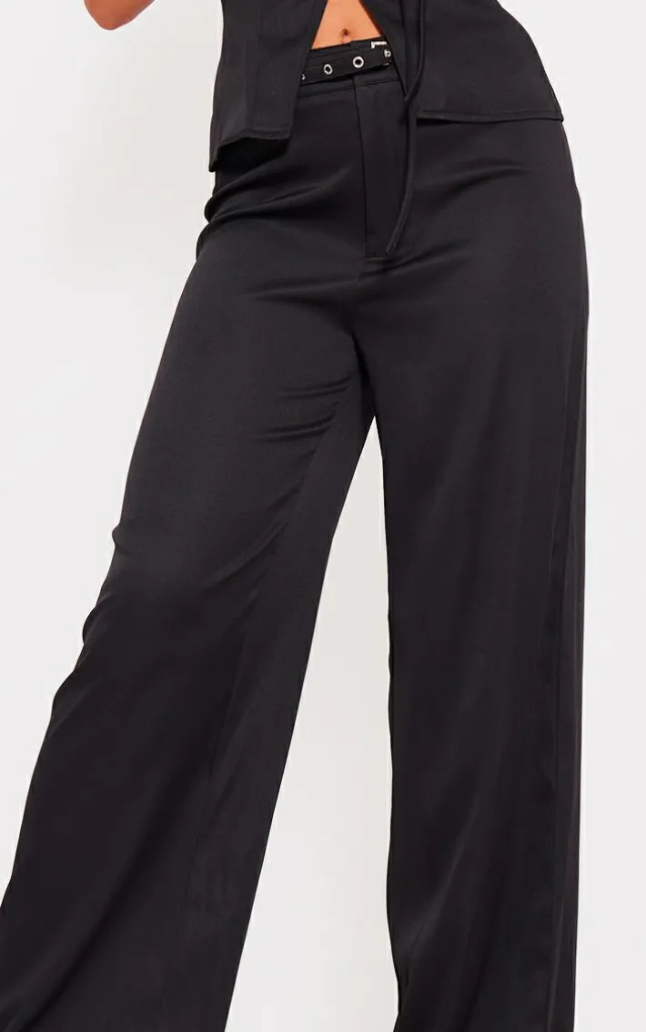 Black Woven Tailored Belt Detail Wide Leg Pants
