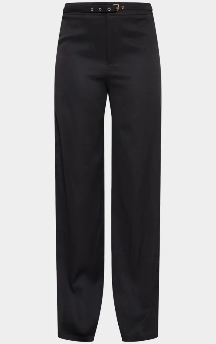 Black Woven Tailored Belt Detail Wide Leg Pants