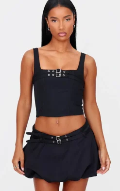 Black Woven Tailored Belt Detail Crop Top