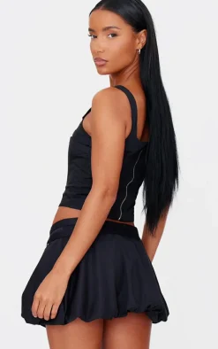 Black Woven Tailored Belt Detail Crop Top