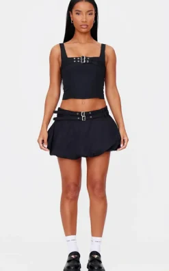 Black Woven Tailored Belt Detail Crop Top