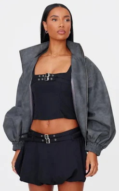 Black Woven Tailored Belt Detail Crop Top