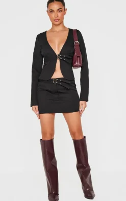 Black Woven Tailored Belt Detail Micro Mini Skirt