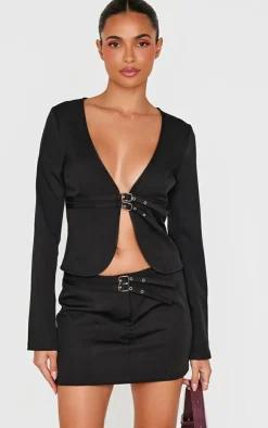 Black Woven Tailored Belt Detail Micro Mini Skirt