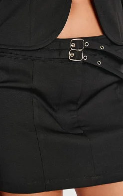 Black Woven Tailored Belt Detail Micro Mini Skirt