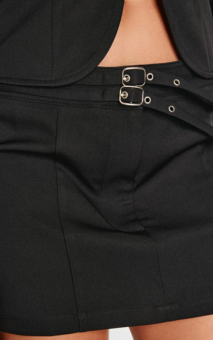 Black Woven Tailored Belt Detail Micro Mini Skirt