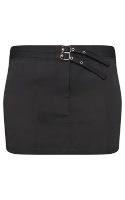 Black Woven Tailored Belt Detail Micro Mini Skirt