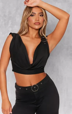 Black Woven Tailored Cowl Neck Ring Detail Top