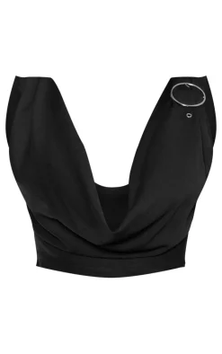 Black Woven Tailored Cowl Neck Ring Detail Top